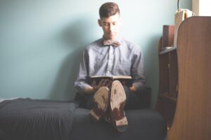 bed, book, man